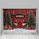 Aperturee - Aperturee Red Barn Door Elk Snow Pine Tree Christmas Backdrop